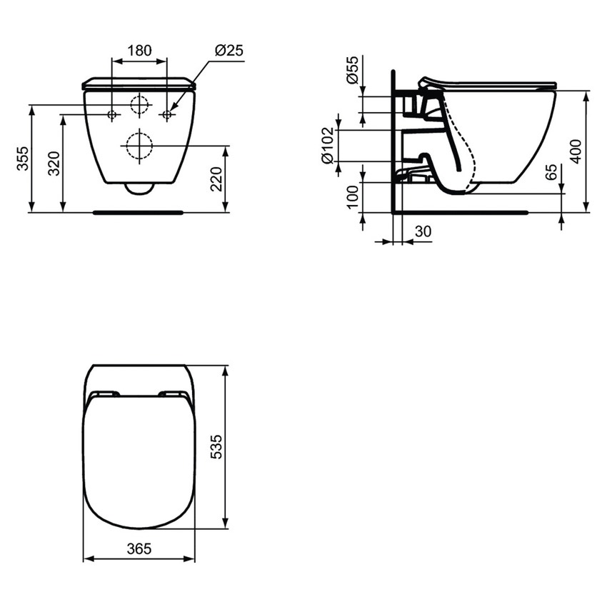 Vaso WC in ceramica bianca Tesi di Ideal Standard disegno tecnico