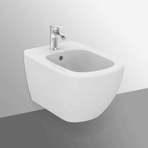 Immagine di Ideal Standard TESI set sanitari sospesi, vaso AquaBlade® con sedile slim a chiusura rallentata, bidet monoforo con troppopieno, colore bianco seta finitura opaco T3546V1-T3552V1