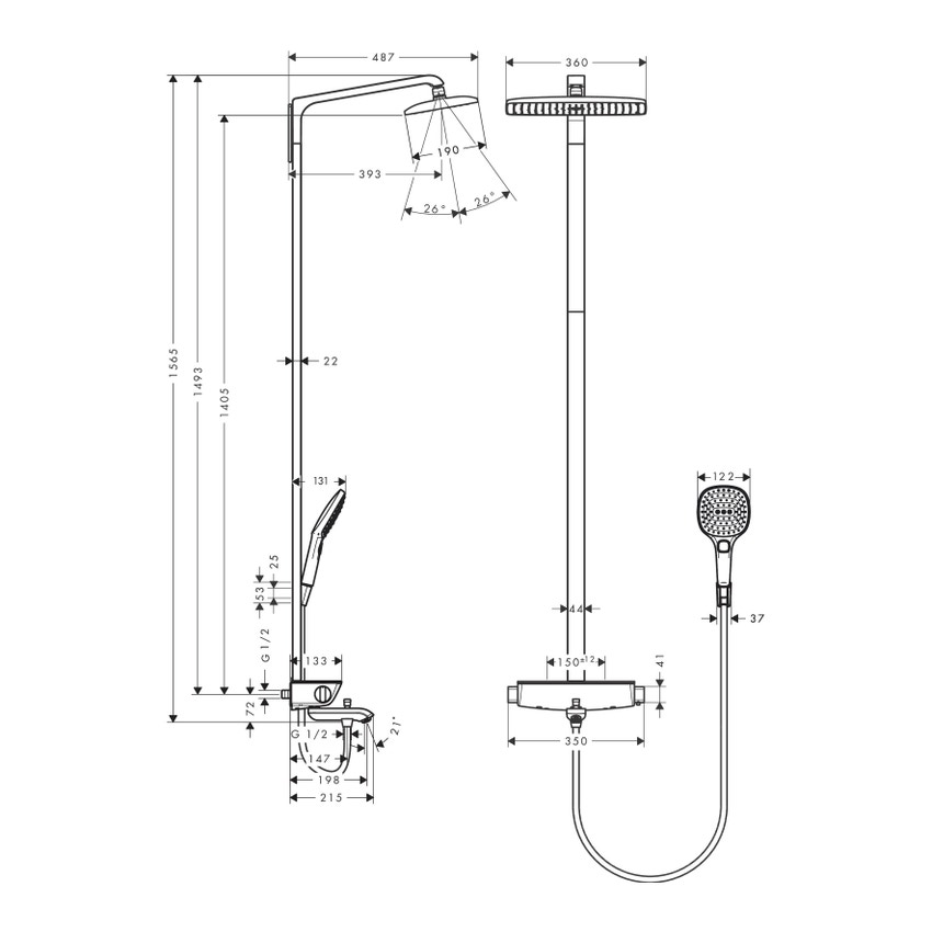 Immagine di Hansgrohe RAINDANCE E showerpipe 360, 1 jet, con termostatico vasca, finitura cromo e bianco 27113400