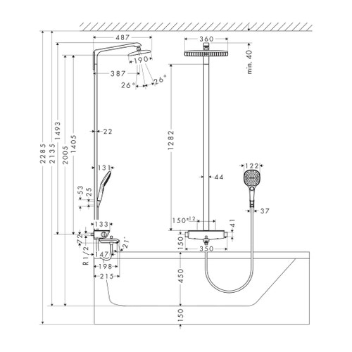 Immagine di Hansgrohe RAINDANCE E showerpipe 360, 1 jet, con termostatico vasca, finitura cromo e bianco 27113400