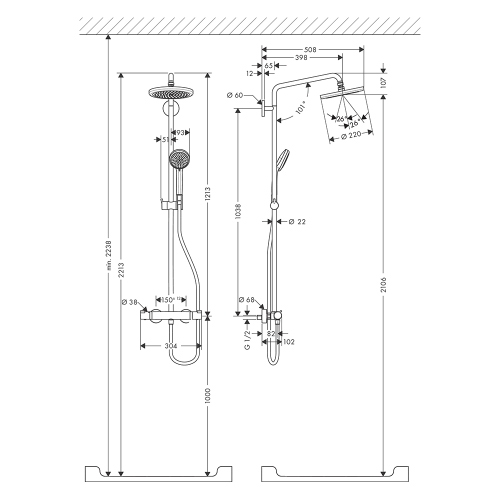 Immagine di Hansgrohe CROMA showerpipe 220 1 jet con termostatico, finitura cromo 27185000