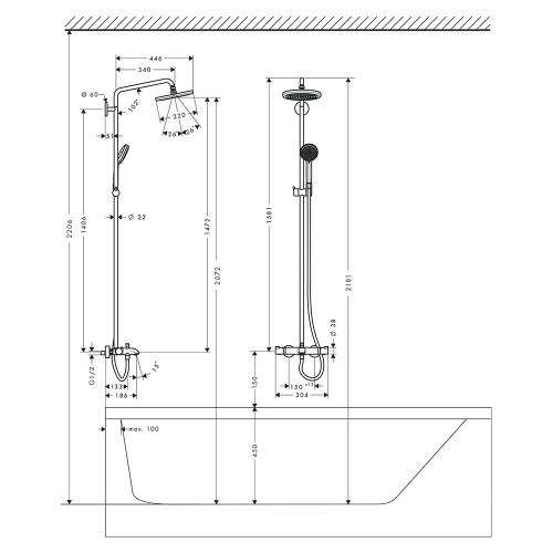 Immagine di Hansgrohe CROMA showerpipe 220 1 jet, con termostatico vasca, finitura cromo 27223000