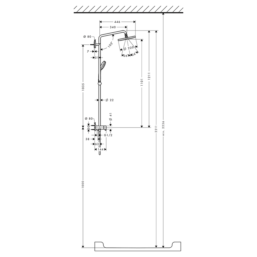 Immagine di Hansgrohe CROMA showerpipe 220 1 jet Reno, finitura cromo 27224000