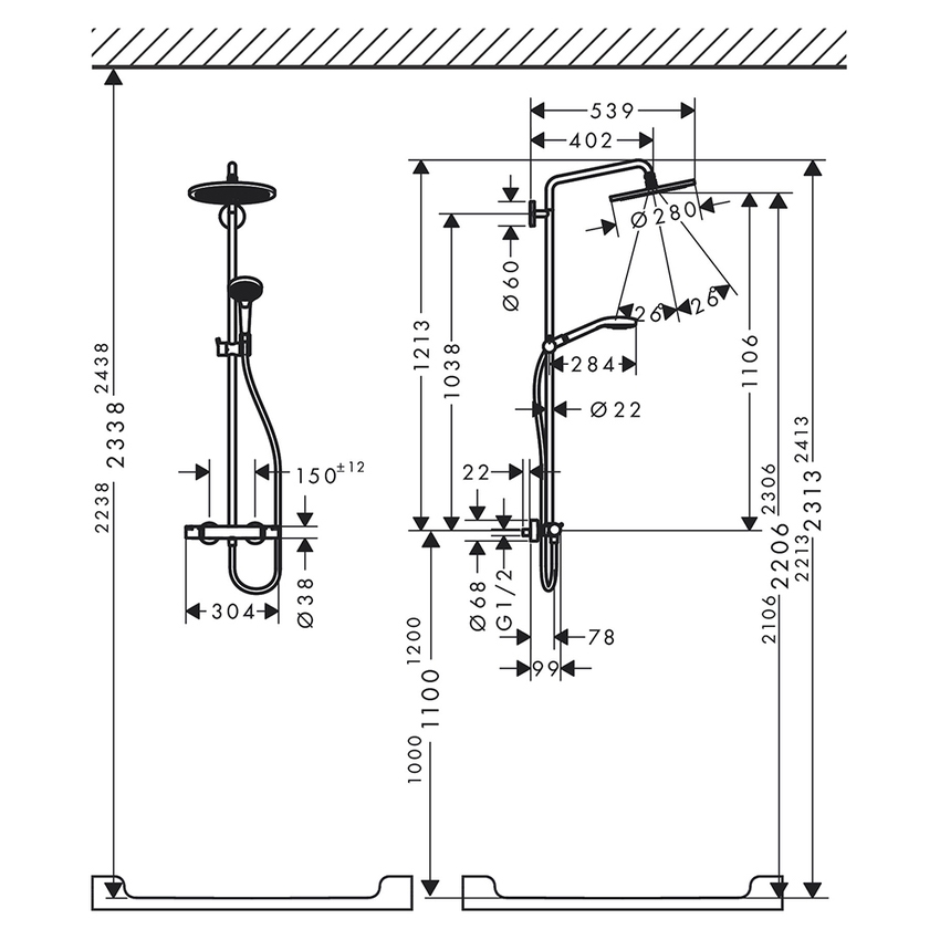 Immagine di Hansgrohe CROMA SELECT S showerpipe 280 1 jet con termostatico, finitura cromo 26790000
