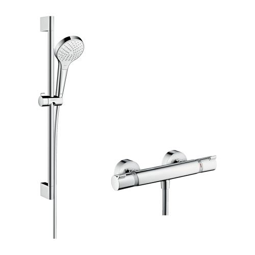 Immagine di Hansgrohe CROMA SELECT S sistema doccia esterno Vario, con termostatico Ecostat Comfort e asta doccia 65 cm, finitura cromo e bianco 27013400