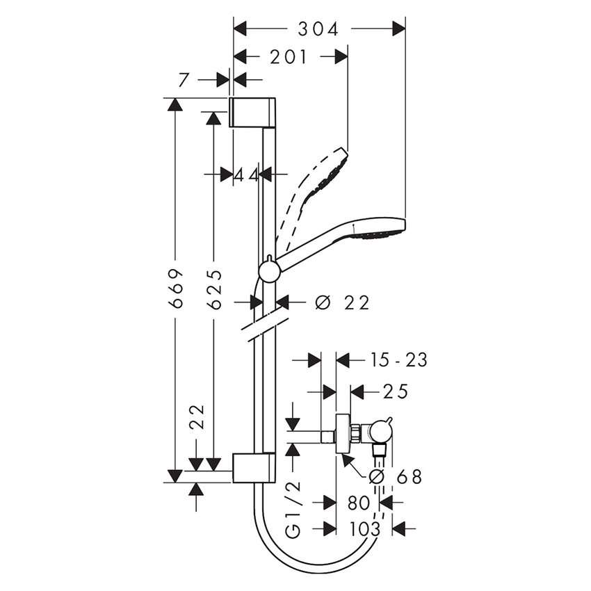Immagine di Hansgrohe CROMA SELECT S sistema doccia esterno Vario, con termostatico Ecostat Comfort e asta doccia 65 cm, finitura cromo e bianco 27013400
