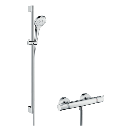 Immagine di Hansgrohe CROMA SELECT S sistema doccia esterno Vario, con termostatico Ecostat Comfort e asta doccia 90 cm, finitura cromo e bianco 27014400