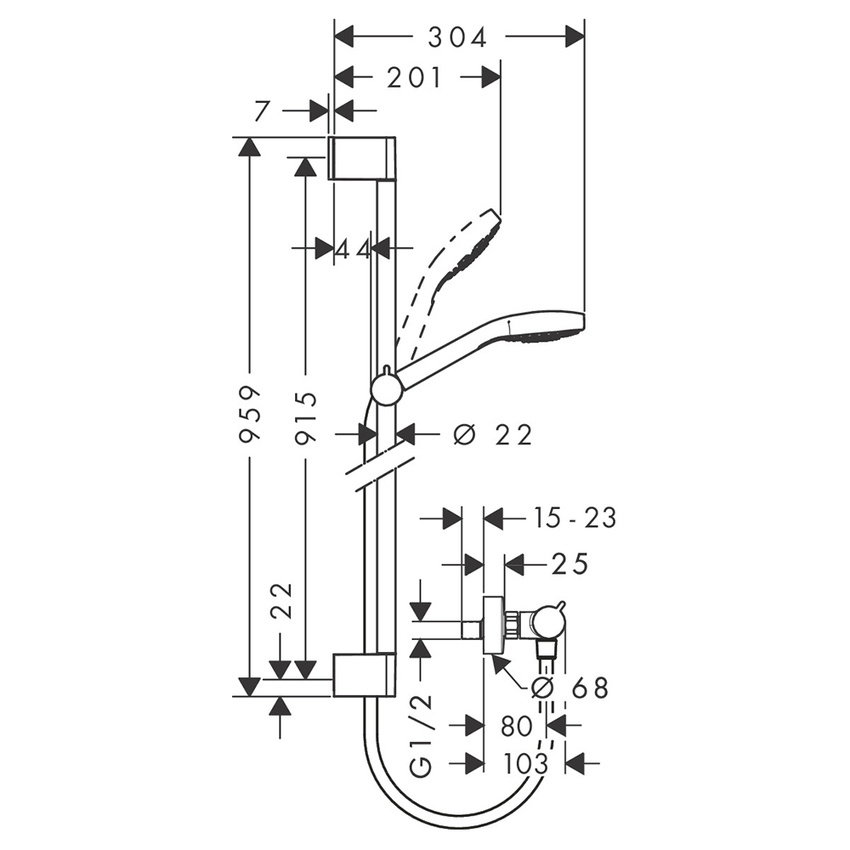 Immagine di Hansgrohe CROMA SELECT S sistema doccia esterno Vario, con termostatico Ecostat Comfort e asta doccia 90 cm, finitura cromo e bianco 27014400