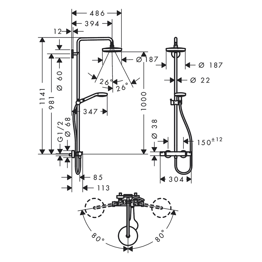 Hansgrohe 27253400 CROMA SELECT S showerpipe 180 2 jet con termostatico