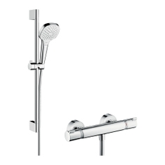 Immagine di Hansgrohe CROMA SELECT E sistema doccia esterno Vario, con termostatico Ecostat Comfort e asta doccia 65 cm, finitura cromo e bianco 27081400