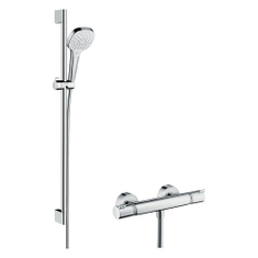 Immagine di Hansgrohe CROMA SELECT E sistema doccia esterno Vario, con termostatico Ecostat Comfort e asta doccia 90 cm, finitura cromo e bianco 27082400