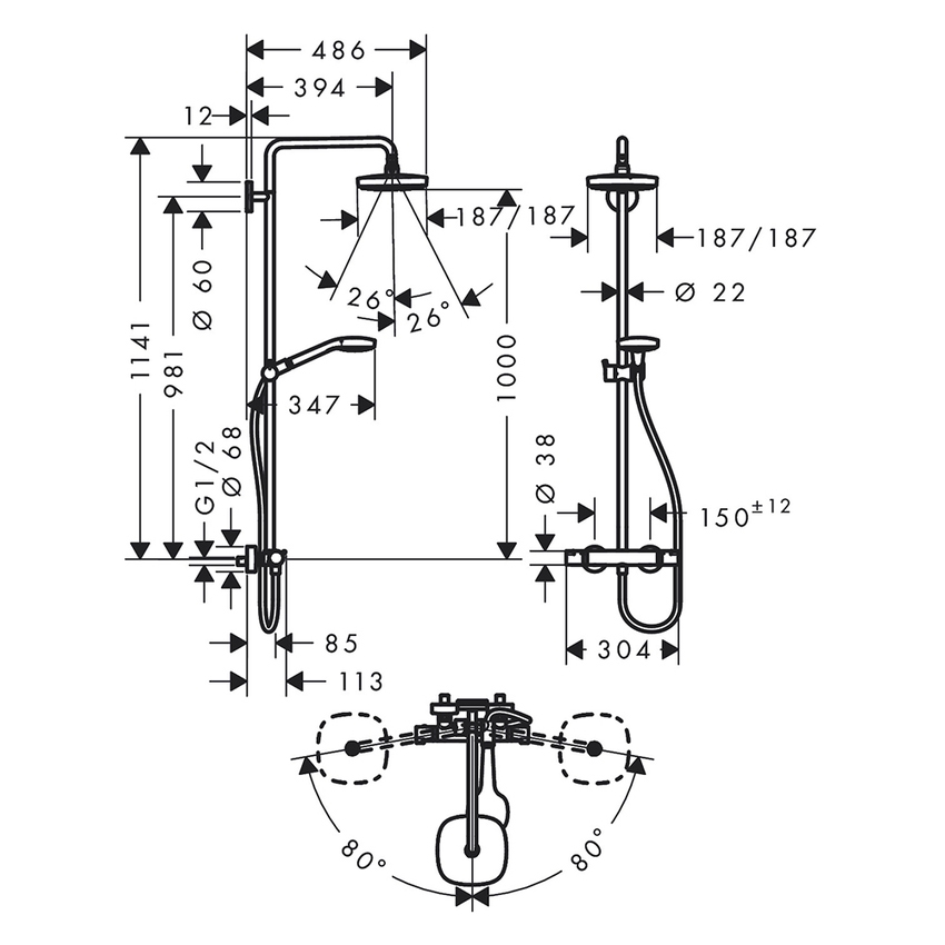 Immagine di Hansgrohe CROMA SELECT E showerpipe 180 2 jet con termostatico, finitura cromo e bianco 27256400