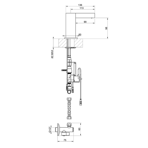 Immagine di Gessi RETTANGOLO CASCATA rubinetto elettronico per lavabo, con regolazione di temperatura e portata tramite rubinetto sottolavabo, finitura cromo 30541#031