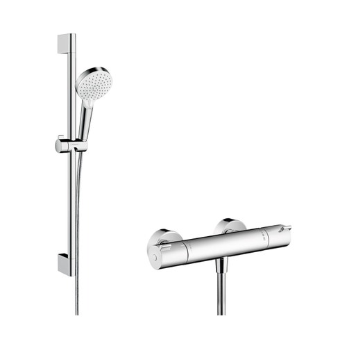 Immagine di Hansgrohe CROMETTA sistema doccia esterno Vario, con termostatico Ecostat 1001 CL e asta doccia 67 cm, finitura cromo e bianco 27812400