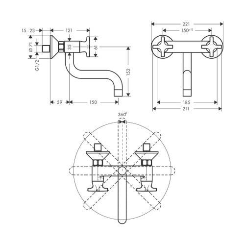 Immagine di Hansgrohe LOGIS CLASSIC rubinetteria cucina 2 maniglie, a parete, bocca d'erogazione bassa, finitura cromo 71287000