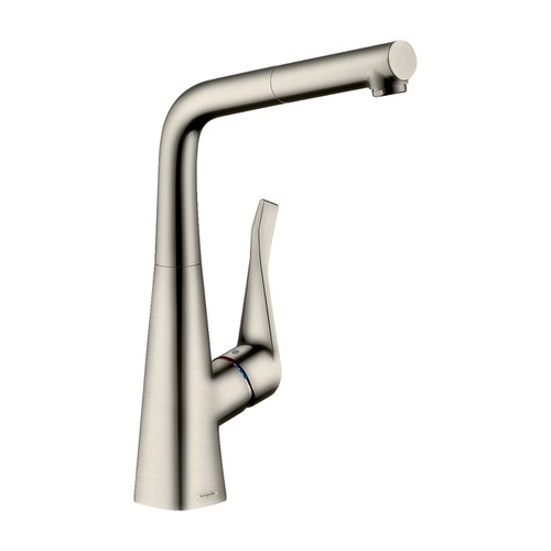 Immagine di Hansgrohe METRIS miscelatore cucina monocomando 320, con bocca d'erogazione estraibile, 1 jet,  finitura acciaio inox 14821800