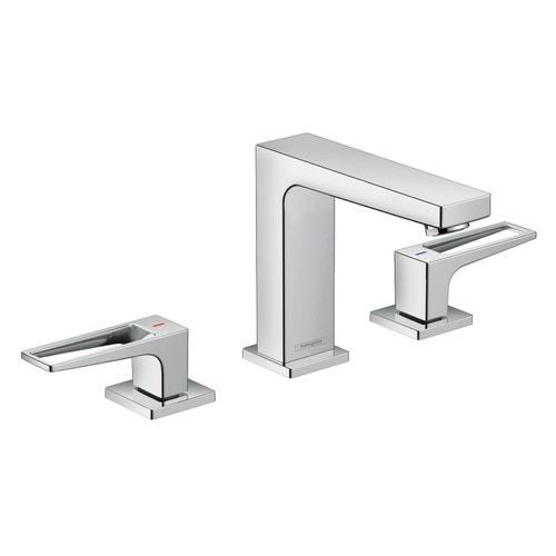 Immagine di Hansgrohe METROPOL rubinetteria 3 fori lavabo 110, con maniglia staffa e piletta push-open, finitura cromo 74514000