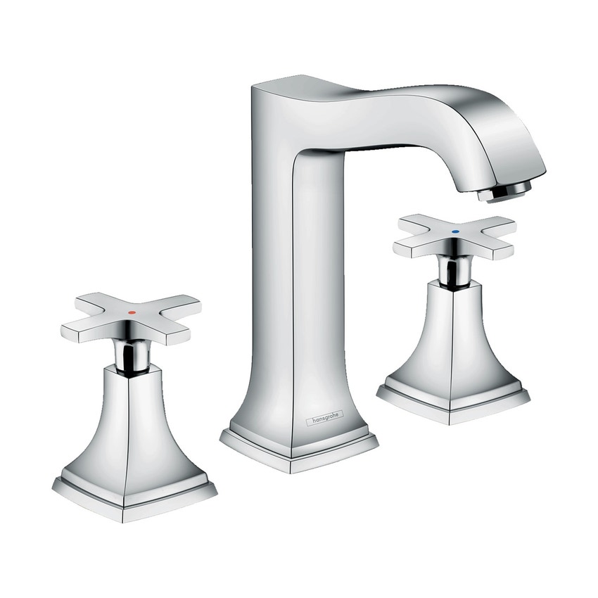 Immagine di Hansgrohe METROPOL CLASSIC rubinetteria 3 fori lavabo H.20 cm 160, con maniglia a croce, scarico e saltarello, finitura cromo 31307000