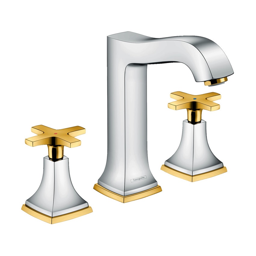 Immagine di Hansgrohe METROPOL CLASSIC rubinetteria 3 fori lavabo H.20 cm 160, con maniglia a croce, scarico e saltarello, finitura cromo e oro optic 31307090
