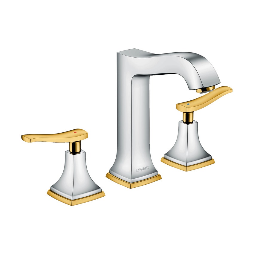Immagine di Hansgrohe METROPOL CLASSIC rubinetteria 3 fori lavabo H.20 cm 160, con maniglia a leva, scarico e saltarello, finitura cromo e oro optic 31331090