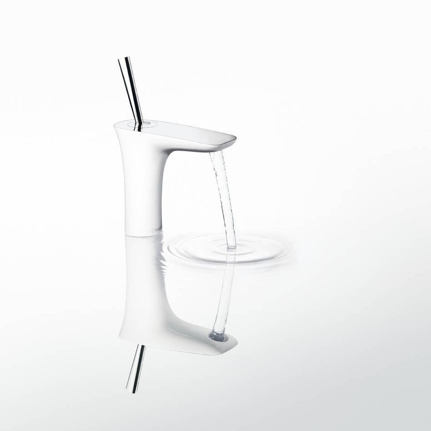 Immagine di Hansgrohe PURAVIDA miscelatore monocomando lavabo H.22 cm 110, con piletta push-open, finitura cromo e bianco 15070400