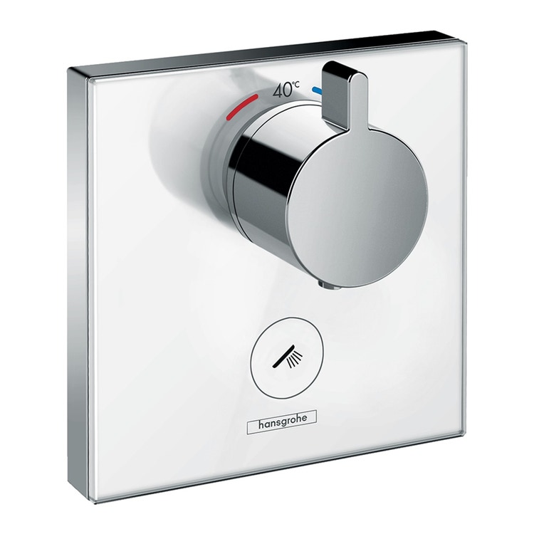 Immagine di Hansgrohe SHOWER SELECT GLASS miscelatore termostatico, ad incasso, ad alta portata, per 1 utenza e utenza opzionale, finitura cromo e bianco 15735400