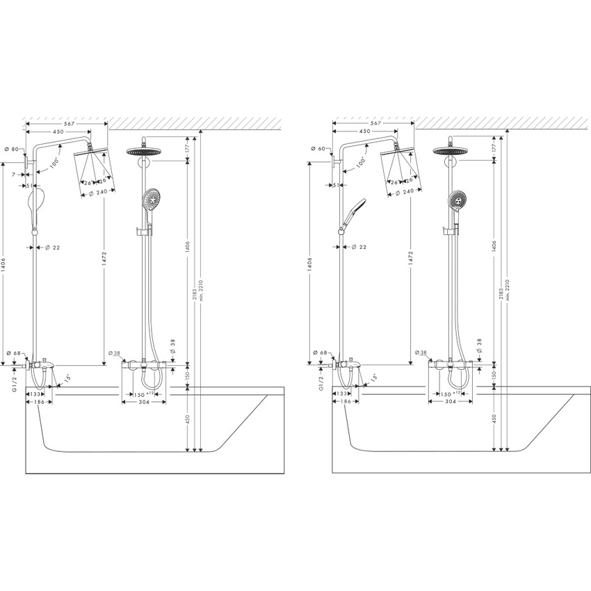 Immagine di Hansgrohe RAINDANCE S showerpipe 240, 1 jet, con termostatico vasca, finitura cromo 27117000