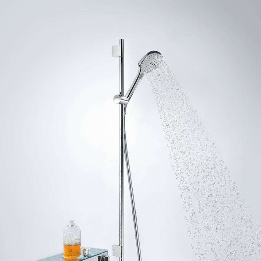 Immagine di Hansgrohe RAINDANCE SELECT E set doccia 120, 3 jet, con asta doccia 90 cm e portasapone, finitura cromo e bianco 26621400