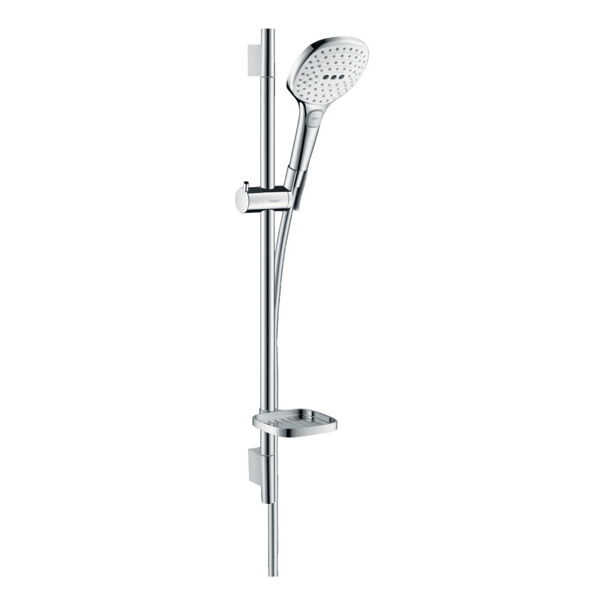 Immagine di Hansgrohe RAINDANCE SELECT E set doccia 120, 3 jet, EcoSmart 9 l/min, con asta doccia 65 cm e portasapone, finitura cromo e bianco 26622400