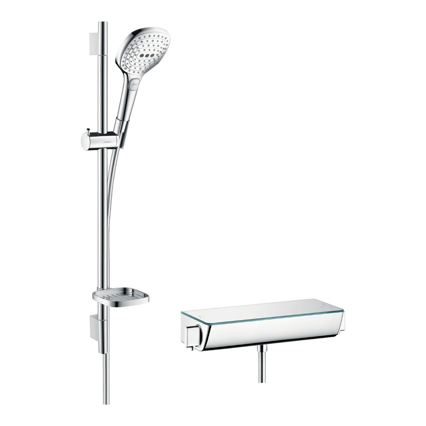 Immagine di Hansgrohe RAINDANCE SELECT E sistema doccia esterno 120, con termostatico ShowerTablet Select e asta doccia 65 cm, finitura cromo e bianco 27038400