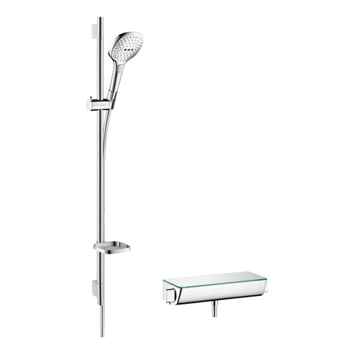 Immagine di Hansgrohe RAINDANCE SELECT E sistema doccia esterno 120, con termostatico Ecostat Select e asta doccia 90 cm, finitura cromo 27039000