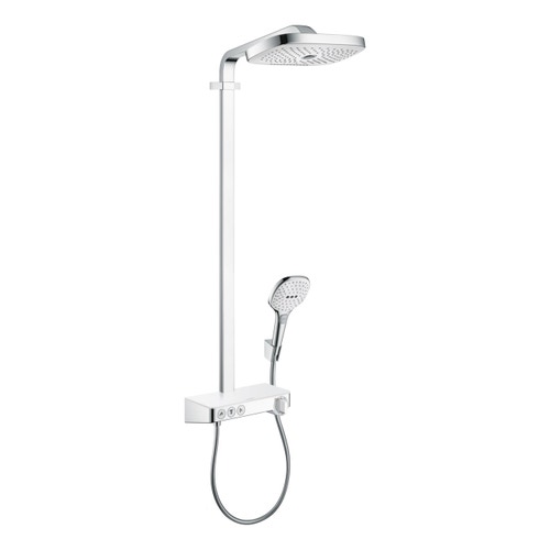 Immagine di Hansgrohe RAINDANCE SELECT E showerpipe 200, 3 jet, con Showertablet select 300, finitura cromo e bianco 27127400
