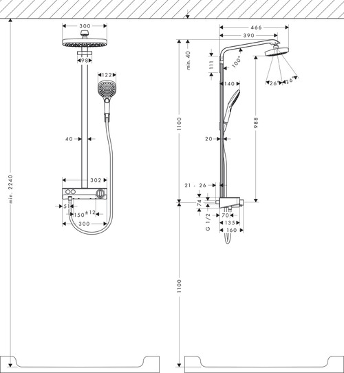Immagine di Hansgrohe RAINDANCE SELECT E showerpipe 300, 2 jet, EcoSmart 9 l/min, con ShowerTablet select 300, finitura cromo 27283000
