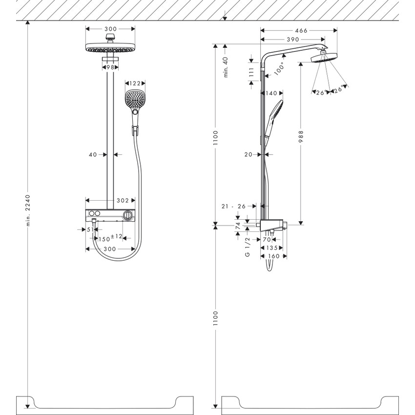Immagine di Hansgrohe RAINDANCE SELECT E showerpipe 300, 2 jet, EcoSmart 9 l/min, con ShowerTablet select 300, finitura cromo 27283000