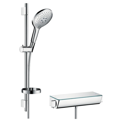 Immagine di Hansgrohe RAINDANCE SELECT S sistema doccia esterno 150, con termostatico Ecostat Select e asta doccia 65 cm, finitura cromo e bianco 27036400