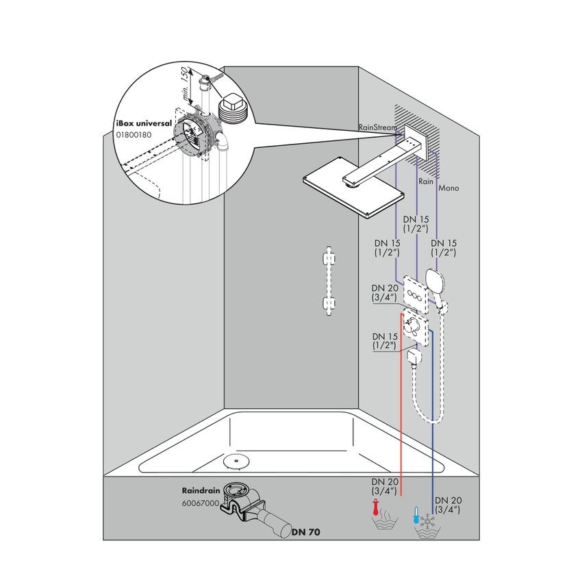 Immagine di Hansgrohe RAINMAKER SELECT soffione doccia 460, 3 jet, EcoSmart 9 l/min, con braccio doccia, finitura cromo e bianco 24017400