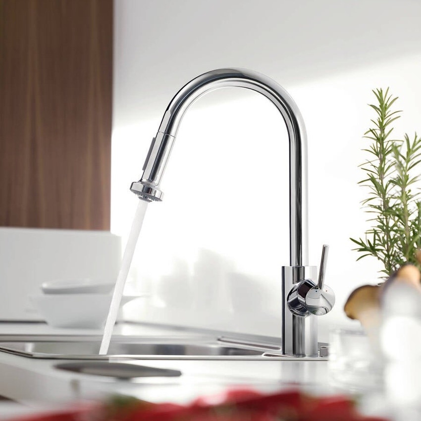 Immagine di Hansgrohe M52 miscelatore cucina monocomando 220, con doccetta estraibile, finitura cromo 14877000