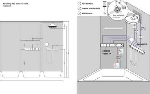 Immagine di Hansgrohe RAINFINITY soffione doccia 250, 3 jet, EcoSmart, con attacco a parete, finitura cromo 26233000
