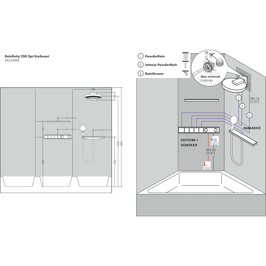 Immagine di Hansgrohe RAINFINITY soffione doccia 250, 3 jet, EcoSmart, con attacco a parete, finitura cromo 26233000