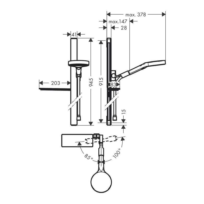 Immagine di Hansgrohe RAINFINITY set doccia 130, 3 jet, con asta doccia 90 cm e mensola porta sapone, finitura cromo 27671000