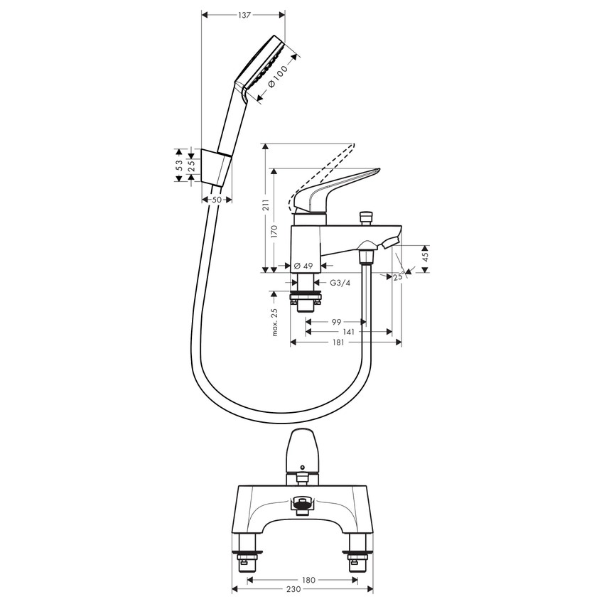 Immagine di Hansgrohe NOVUS rubinetteria 2 fori, bordo vasca, con deviatore e doccetta Croma Select S, finitura cromo 71044000