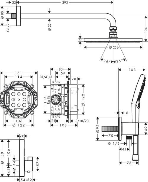 Immagine di Hansgrohe RAINDANCE S sistema doccia 240, 1 jet, PowderRain, con ShowerSelect S, finitura cromo 27951000
