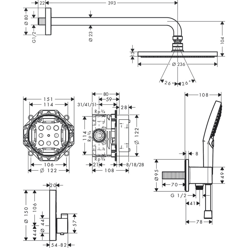 Immagine di Hansgrohe RAINDANCE S sistema doccia 240, 1 jet, PowderRain, con ShowerSelect S, finitura cromo 27951000