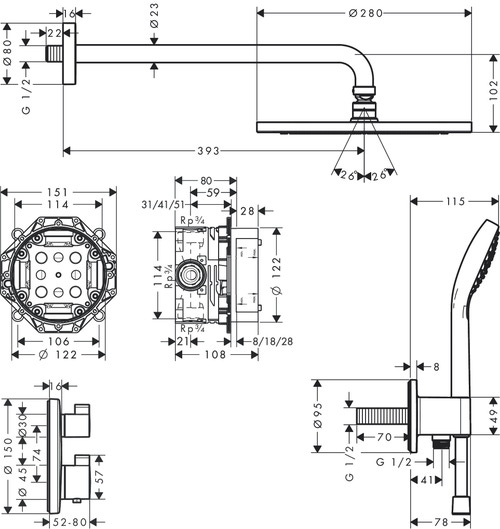 Immagine di Hansgrohe CROMA sistema doccia 280, 1 jet, con Ecostat S, finitura cromo 27954000