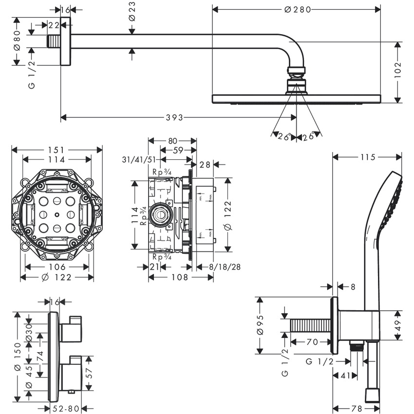 Immagine di Hansgrohe CROMA sistema doccia 280, 1 jet, con Ecostat S, finitura cromo 27954000