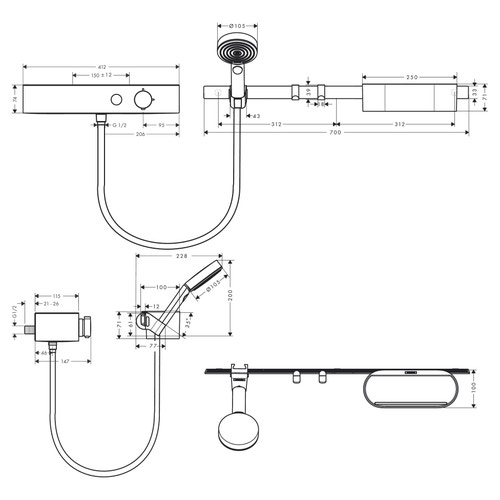 Hansgrohe 24250700 WALLSTORIS pacchetto doccetta 105, 3 jet, Active  EcoSmart, termostatico, barra da doccia 70 cm e set cestini, colore bianco  finitura opaco