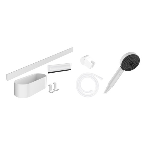 Immagine di Hansgrohe WALLSTORIS pacchetto doccetta 105, 3 jet, Active EcoSmart, barra da doccia 70 cm e set cestini, colore bianco finitura opaco 24291700