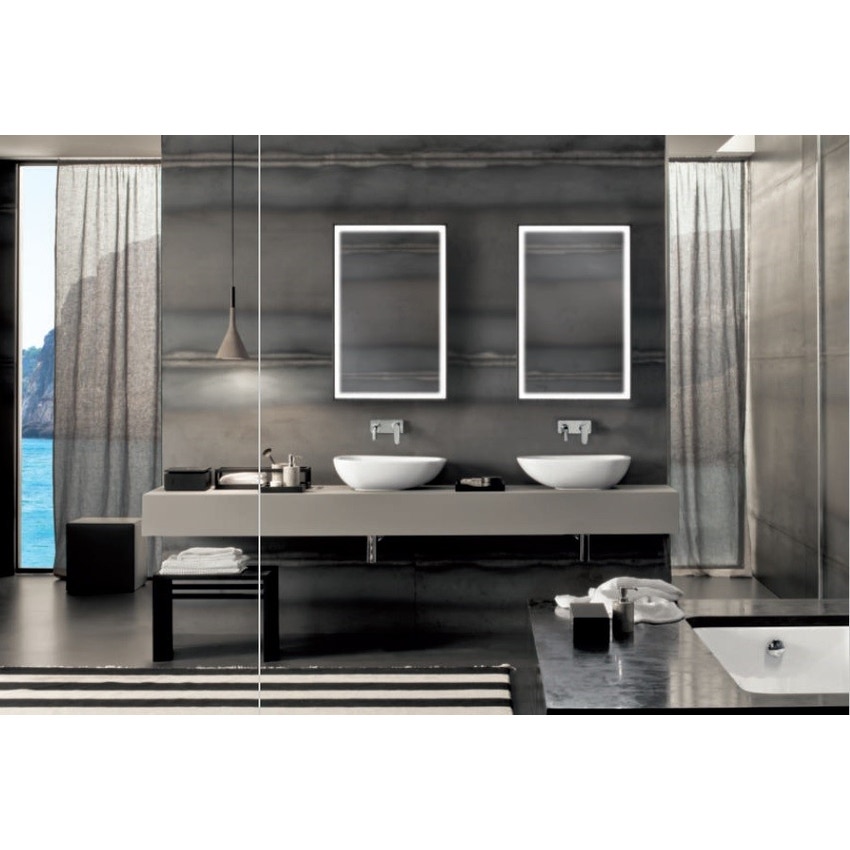 Geberit CITTERIO composizione bagno: mobile sottolavabo, finitura rovere  marrone fumè + specchio con illuminazione, finitura rovere marrone fumè +  lavabo da appoggio, colore bianco + miscelatore monocomando a parete,  finitura cromo 500.564.JJ.1-500.543