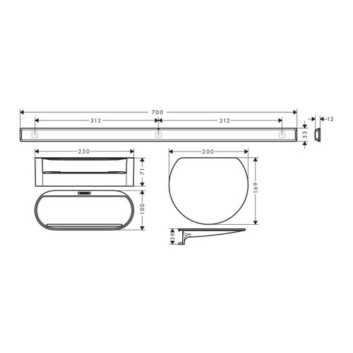 Immagine di Hansgrohe WALLSTORIS pacchetto vasca con barra a parete, mensola e cestino profondo, colore bianco finitura opaco 27966700
