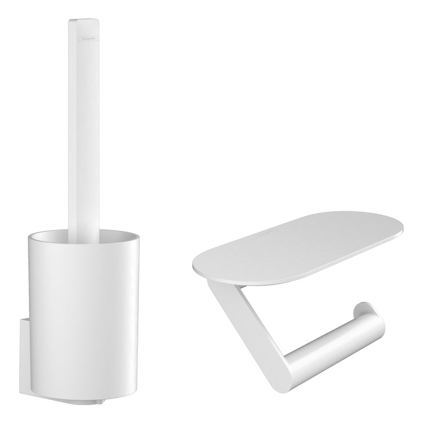 Immagine di Hansgrohe WALLSTORIS pacchetto toilette con porta rotolo e contenitore per spazzola WC, colore bianco finitura opaco 27969700